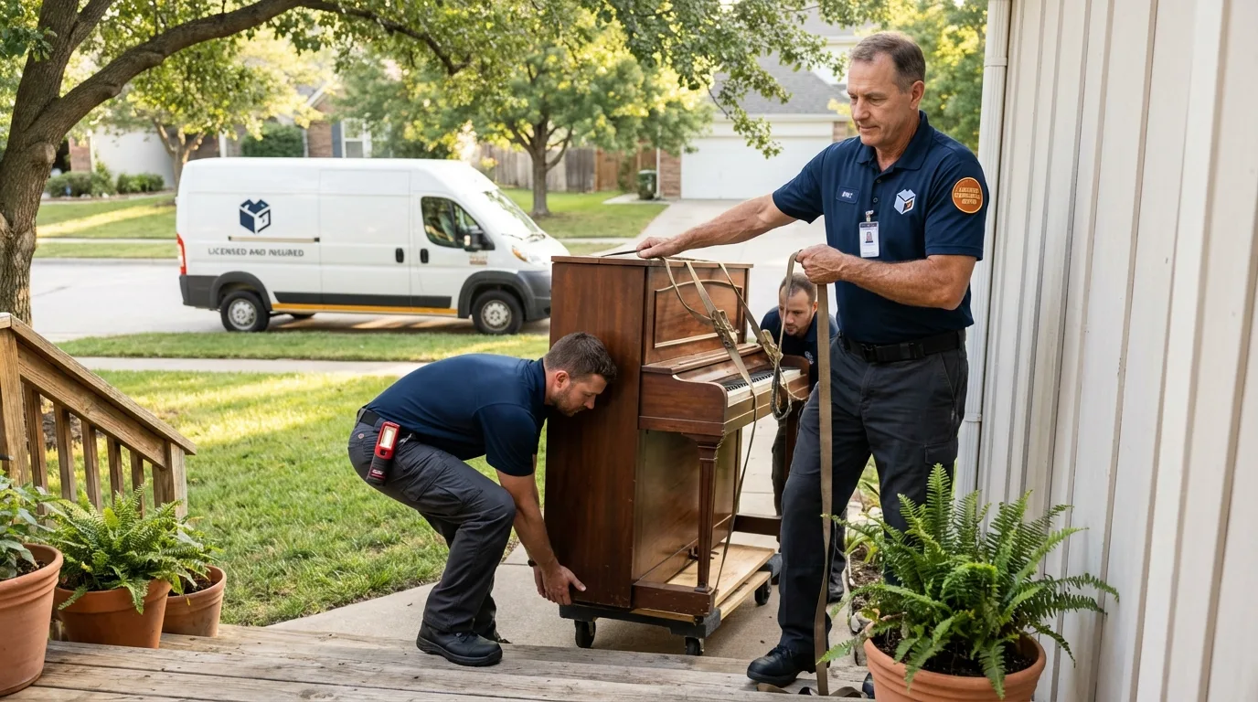 Licensed piano movers securing grand piano in Addison, NY