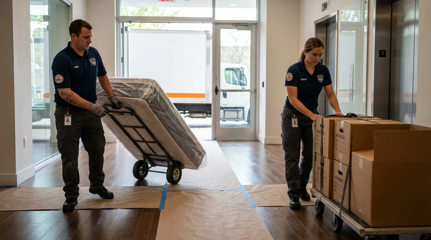 Professional apartment movers loading elevator in Addison, NY