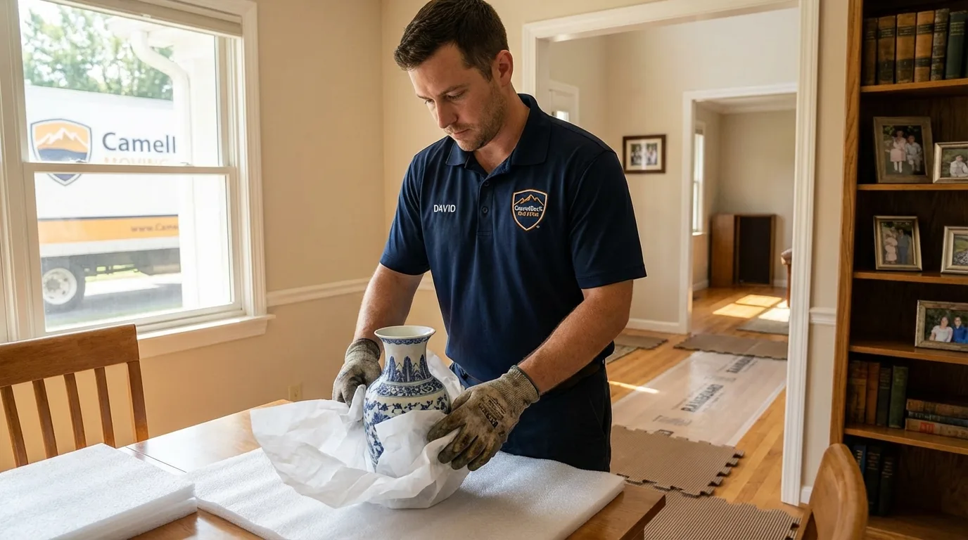 Professional crew carefully wrapping antique vase for senior downsizing move in Addison, NY