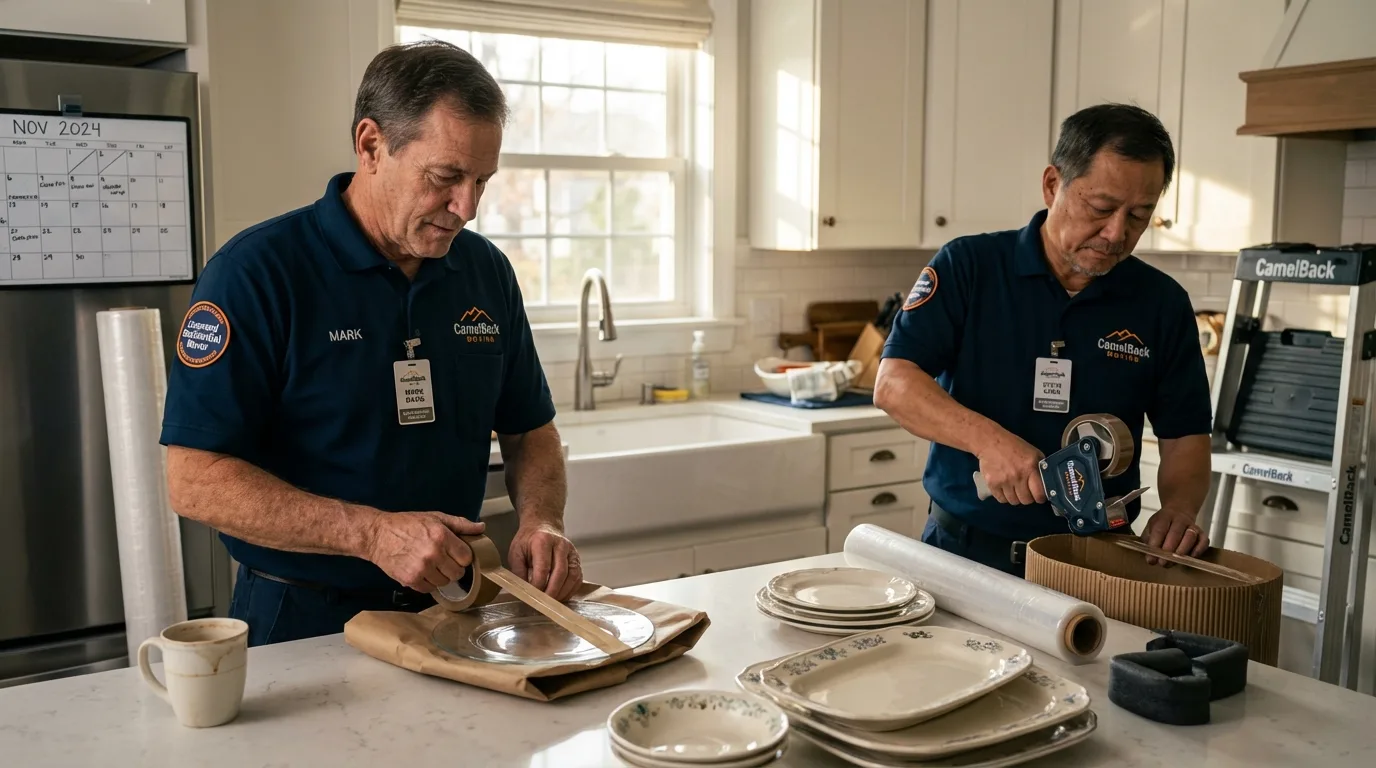 Professional crew packing kitchen dishware in Addison, NY